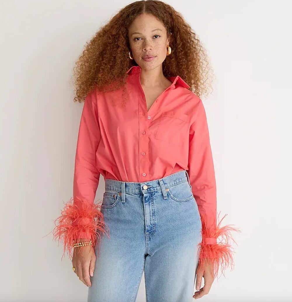 J.Crew Collection Feather Trim Poplin Button Up Shirt Oversized Pink US 0 NWT